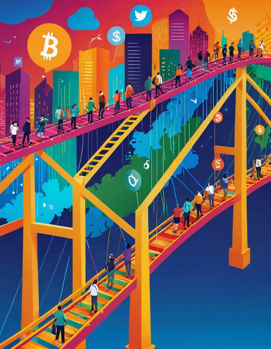 A vibrant and dynamic illustration of diverse influencers from various niches connecting via colorful bridges woven with dollar signs and social media icons. The background showcases a digital landscape of a thriving blog full of engaging content, with elements depicting growth and monetization, such as rising graphs and coins. The scene is energetic, symbolizing collaboration and transformation. super-realistic. vibrant colors. digital art.