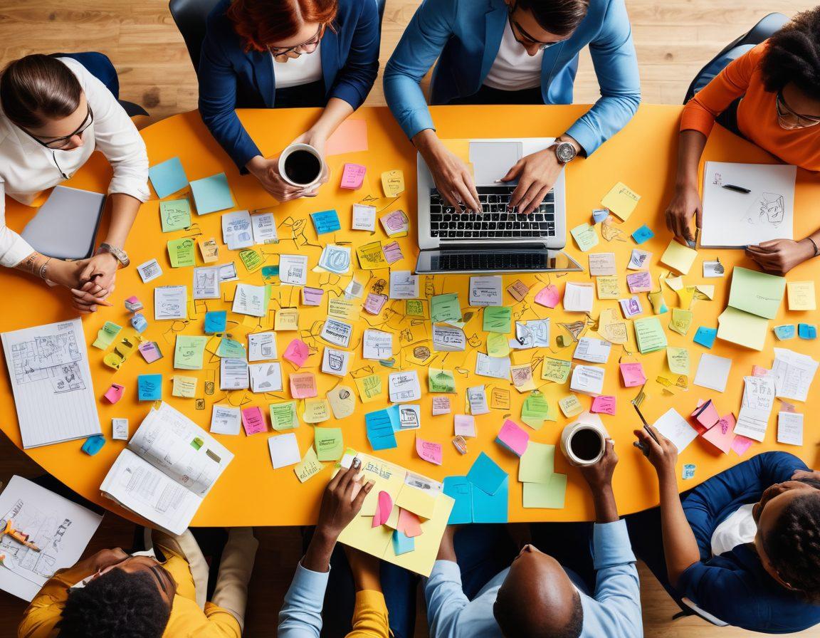 A dynamic scene depicting a group of diverse creators collaborating around a large table filled with creative tools, brainstorming ideas. Brightly colored post-it notes, laptops, and coffee cups scattered around, symbolizing creativity and partnership. Icons of cash flow, sponsorship logos, and digital connections float in the background, representing the transition from content to cash. The atmosphere is vibrant, encouraging, and full of excitement. super-realistic. vibrant colors. 3D.