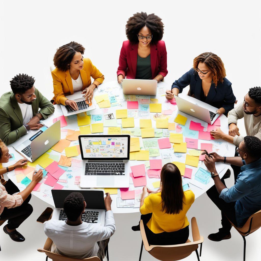 A captivating visual of a diverse group of individuals collaborating over laptops, surrounded by vibrant post-it notes and sketches illustrating influencer marketing strategies. They are brainstorming ideas, with a dynamic flowchart in the background depicting growth pathways through sponsorships. Bright colors and engaging elements symbolize creativity and collaboration. modern digital art. vibrant colors. white background.